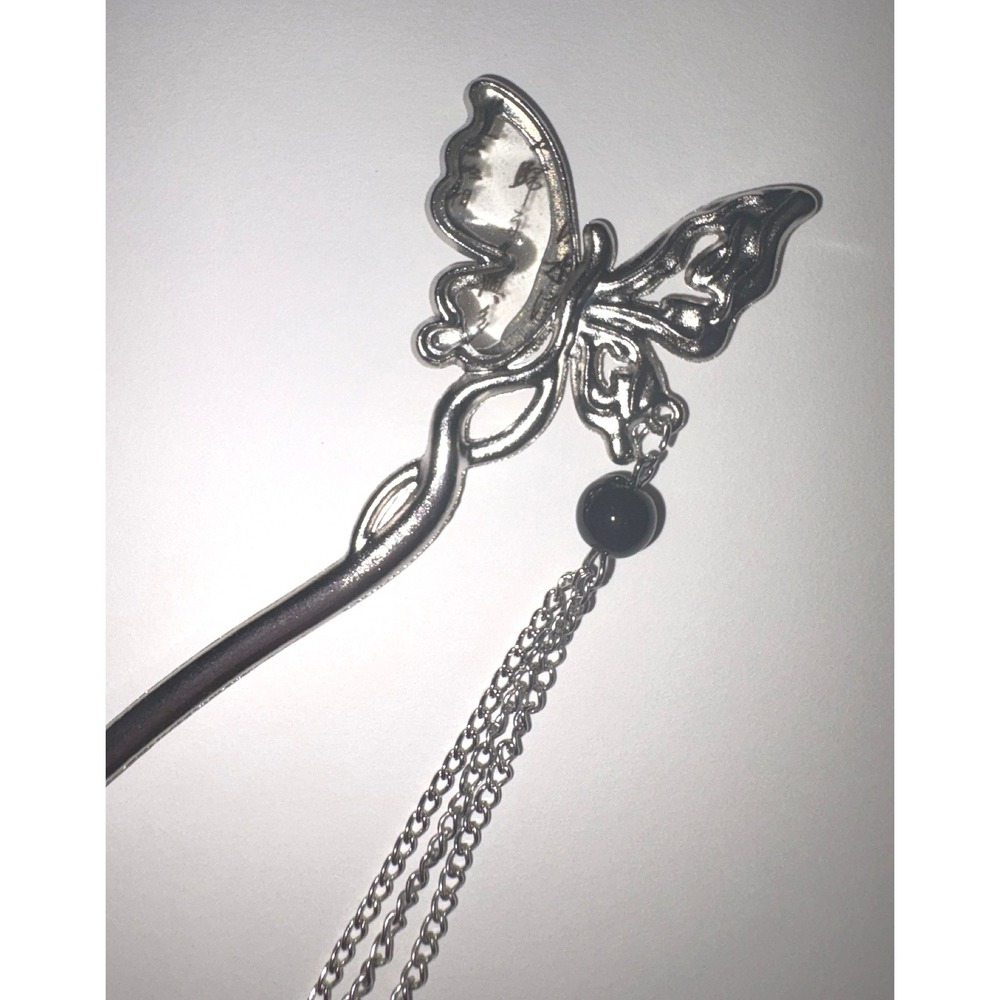 NEW Butterfly Hair Stick Women Silver Tassel Chain Bead Accessory - Picture 2 of 5